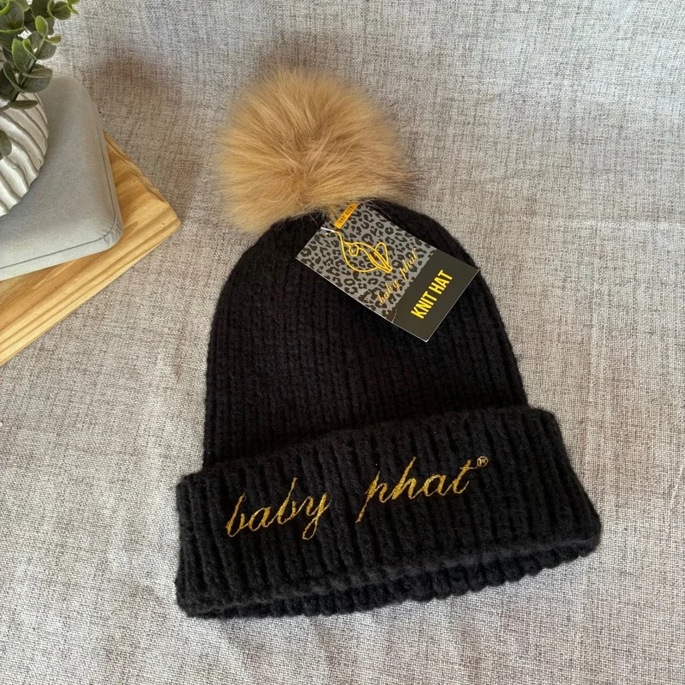 Baby Phat Knit Hat Beanie OS Black Gold Pom Pom Winter Streetwear New